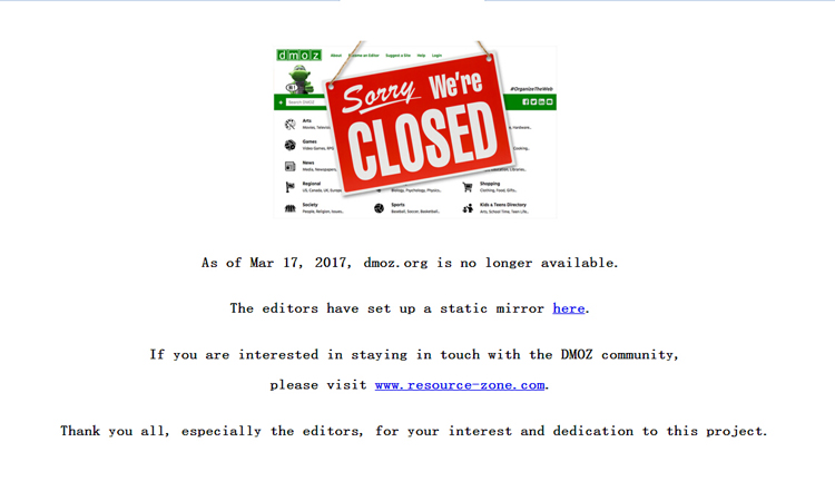 SEO界的悲哀：全球知名開放分類目錄DMOZ關(guān)閉了網(wǎng)站